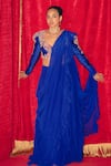 Mrunalini Rao_Blue Blouse Raw Silk Hand Embroidered Resham Krtvi Pre-draped Ruffle Saree With _Online_at_Aza_Fashions