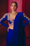 Shop_Mrunalini Rao_Blue Blouse Raw Silk Hand Embroidered Resham Krtvi Pre-draped Ruffle Saree With _at_Aza_Fashions