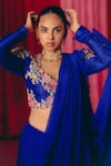 Shop_Mrunalini Rao_Blue Blouse Raw Silk Hand Embroidered Resham Krtvi Pre-draped Ruffle Saree With 