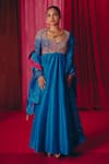 Buy_Mrunalini Rao_Blue Anarkali Pure Silk Hand Embroidered Resham Leaf Anya With Dupatta _at_Aza_Fashions