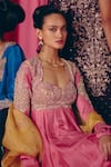 Shop_Mrunalini Rao_Pink Anarkali Raw And Pure Embroidery Floral Yoke With Dupatta _at_Aza_Fashions