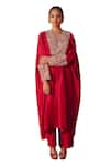 Shop_Mrunalini Rao_Red Pure Silk Embroidery Zardozi V Neck Fariah Cuff Kurta And Pant Set _Online_at_Aza_Fashions