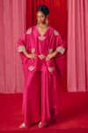 Buy_Mrunalini Rao_Fuchsia Pure Silk Embroidery Zardozi Scallop V Mayura Kurta And Flared Pant Set _at_Aza_Fashions