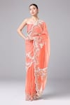 Buy_Anamika Khanna_Coral Organza Pearl Scalloped Border Saree With Unstitched Blouse Piece _at_Aza_Fashions