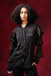 Buy_Shilpi Gupta_Black Satin Jacquard Woven Geometric Mandarin Collar Shirt _at_Aza_Fashions