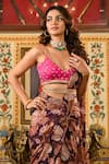 Buy_SANAM_Pink Silk Chiffon Embroidery Beads Leaf Floral Pre-draped Saree Set _Online_at_Aza_Fashions