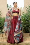 Buy_Monk & Mei_Maroon Georgette Embellished Floral Cape Open Aafia Print Tiered Lehenga Set _at_Aza_Fashions