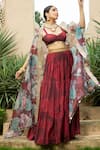 Monk & Mei_Maroon Georgette Embellished Floral Cape Open Aafia Print Tiered Lehenga Set _Online_at_Aza_Fashions