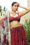 Buy_Monk & Mei_Maroon Georgette Embellished Floral Cape Open Aafia Print Tiered Lehenga Set _Online_at_Aza_Fashions