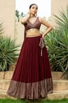 Buy_Monk & Mei_Maroon Georgette Embellished Gota V-neck Nadia Hem Lehenga Set _at_Aza_Fashions