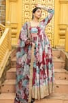 Buy_MONK & MEI BY SONIA ANAND_Maroon Georgette Embellished Floral Square Amber Print Anarkali With Dupatta _at_Aza_Fashions