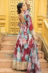 Buy_MONK & MEI BY SONIA ANAND_Maroon Georgette Embellished Floral Square Amber Print Anarkali With Dupatta _Online_at_Aza_Fashions