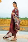 Monk & Mei_Maroon Georgette Embellished Floral Boat Neck Natasha Print Kurta Pant Set _Online_at_Aza_Fashions