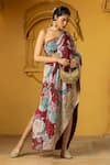 MONK & MEI BY SONIA ANAND_Maroon Georgette Embellished Floral One Aiman Printed Asymmetric Dress _Online_at_Aza_Fashions