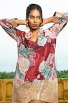 Buy_Monk & Mei_Maroon Georgette Embellished Floral Dress Notched Dahlia Print _Online_at_Aza_Fashions