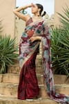 Buy_Monk & Mei_Maroon Georgette Embellished Floral V-neck Sanam Print Saree With Blouse _at_Aza_Fashions