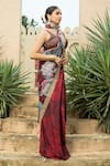 Monk & Mei_Maroon Georgette Embellished Floral V-neck Sanam Print Saree With Blouse _Online_at_Aza_Fashions