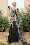 Buy_Monk & Mei_Black Georgette Embellished Floral V-neck Sanam Printed Saree With Blouse _at_Aza_Fashions