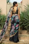 Shop_Monk & Mei_Black Georgette Embellished Floral V-neck Sanam Printed Saree With Blouse _at_Aza_Fashions