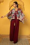 Buy_MONK & MEI BY SONIA ANAND_Maroon Georgette Embellished Floral Cape Open Aaina Print With Jumpsuit _at_Aza_Fashions