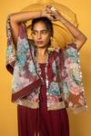 MONK & MEI BY SONIA ANAND_Maroon Georgette Embellished Floral Cape Open Aaina Print With Jumpsuit _Online_at_Aza_Fashions