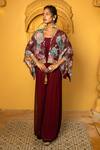 Buy_Monk & Mei_Maroon Georgette Embellished Floral Cape Open Aaina Print With Jumpsuit _Online_at_Aza_Fashions