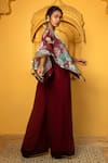 Shop_MONK & MEI BY SONIA ANAND_Maroon Georgette Embellished Floral Cape Open Aaina Print With Jumpsuit _Online_at_Aza_Fashions