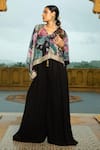 Buy_Monk & Mei_Black Georgette Embellished Floral Cape Aaina Printed Mirrorwork With Jumpsuit _at_Aza_Fashions