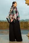 Shop_Monk & Mei_Black Georgette Embellished Floral Cape Aaina Printed Mirrorwork With Jumpsuit _at_Aza_Fashions