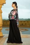 Monk & Mei_Black Georgette Embellished Floral Cape Aaina Printed Mirrorwork With Jumpsuit _Online_at_Aza_Fashions