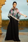 Buy_Monk & Mei_Black Georgette Embellished Floral Cape Aaina Printed Mirrorwork With Jumpsuit _Online_at_Aza_Fashions