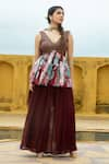 Monk & Mei_Maroon Georgette Embellished Nazneen Foil Work Printed Peplum Kurta Gharara Set _Online_at_Aza_Fashions