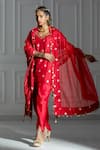 Buy_MONK & MEI BY SONIA ANAND_Red Brocade Woven Leaf Butti V Neck Pattern Kurta And Tulip Dhoti Pant Set _at_Aza_Fashions