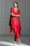 Monk & Mei_Red Brocade Woven Leaf Butti V Neck Pattern Kurta And Tulip Dhoti Pant Set _Online_at_Aza_Fashions