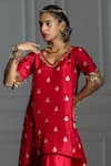 Shop_MONK & MEI BY SONIA ANAND_Red Brocade Woven Leaf Butti V Neck Pattern Kurta And Tulip Dhoti Pant Set _Online_at_Aza_Fashions