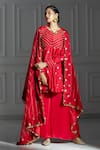 Buy_Monk & Mei_Red Brocade Woven Leaf Butti V Neck Pattern Peplum Kurta And Palazzo Set _at_Aza_Fashions