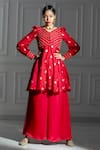 Monk & Mei_Red Brocade Woven Leaf Butti V Neck Pattern Peplum Kurta And Palazzo Set _Online_at_Aza_Fashions