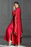 Shop_Monk & Mei_Red Brocade Woven Leaf Butti V Neck Pattern Peplum Kurta And Palazzo Set _Online_at_Aza_Fashions