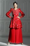 Buy_Monk & Mei_Red Brocade Woven Leaf Butti V Neck Pattern Peplum Kurta With Palazzo _at_Aza_Fashions