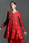 Monk & Mei_Red Brocade Woven Leaf Butti V Neck Pattern Peplum Kurta With Palazzo _at_Aza_Fashions