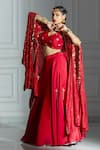 Shop_Monk & Mei_Red Brocade Embellished Sequins Cape Open Neck And Lehenga Set _Online_at_Aza_Fashions