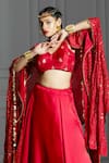 Monk & Mei_Red Brocade Embellished Sequins Cape Open Neck And Lehenga Set _at_Aza_Fashions