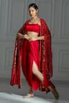 Buy_MONK & MEI BY SONIA ANAND_Red Georgette And Organza With Shantoon Lining Embellished Cape And Dhoti Pant Set _at_Aza_Fashions