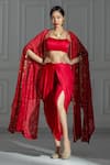 MONK & MEI BY SONIA ANAND_Red Georgette And Organza With Shantoon Lining Embellished Cape And Dhoti Pant Set _Online_at_Aza_Fashions