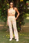 Buy_Zazu_Peach Cotton Seersucker Print Bloom Halter Neck Bali Crop Top With Pant _at_Aza_Fashions