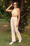 Zazu_Peach Cotton Seersucker Print Bloom Halter Neck Bali Crop Top With Pant _at_Aza_Fashions