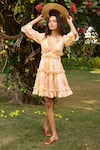 Buy_Zazu_Peach Cotton Satin Print Bloom V Neck Bali Short Dress _at_Aza_Fashions