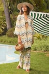 Buy_Zazu_Multi Color Cotton Satin Print Chevron Open Neck Casablanca Jacket And Pant Set _at_Aza_Fashions