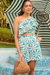 Buy_Zazu_Blue Cotton Satin Print Fleur One Shoulder Marbella Crop Top With Shorts _Online_at_Aza_Fashions