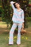 Buy_Zazu_Blue Cotton Seersucker Print Ikat Diamond Collar Neck Nicosia Shirt With Pant _Online_at_Aza_Fashions